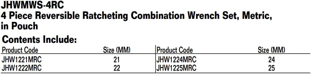 Williams MWS-4RC 4-Piece Metric Reversible Ratcheting Combination Wrench Set
