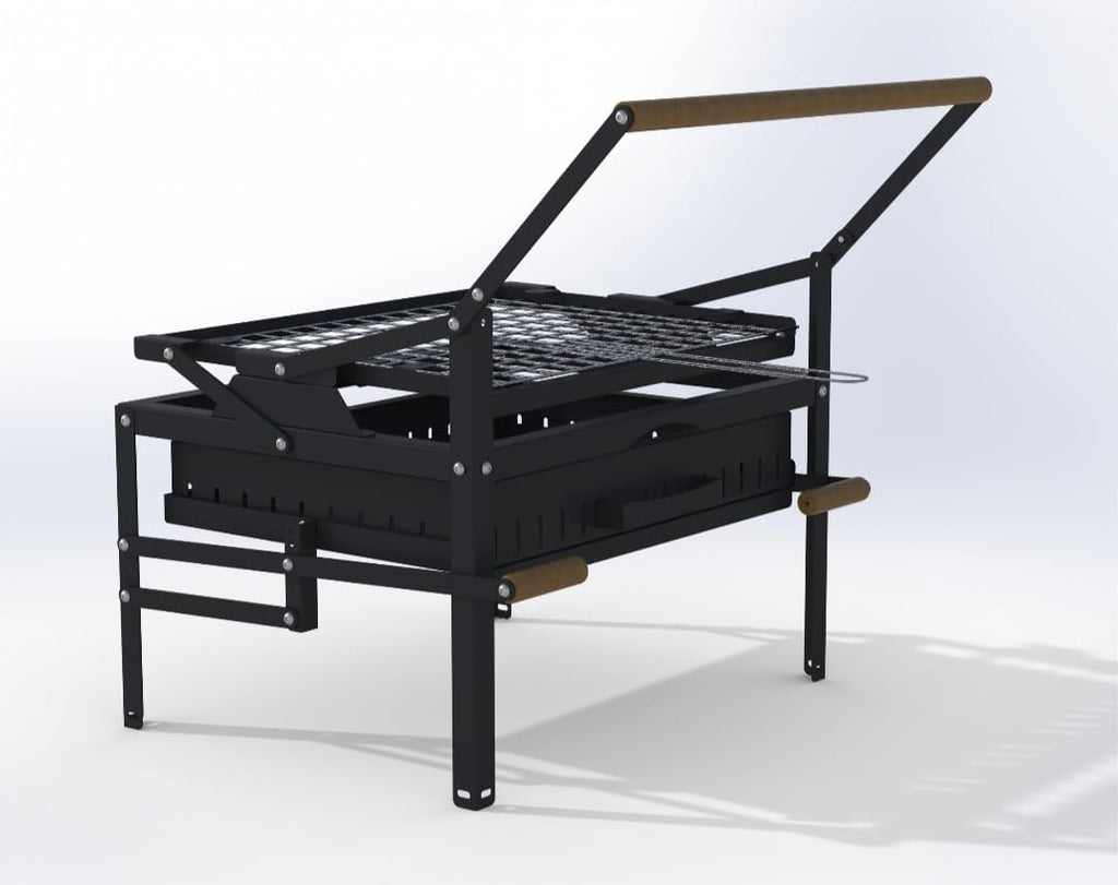 Adjustable Height Charcoal Grill with Rotating Grate, Black Steel, Outdoor Portable BBQ Grill, Height-Adjustable Cooking Surface