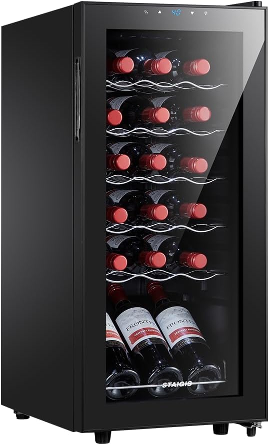 18 Bottle Mini Fridge, Freestanding Small Wine Cooler Refrigerator for Red and White with 40-66F Digital Temperature Control and Glass Door