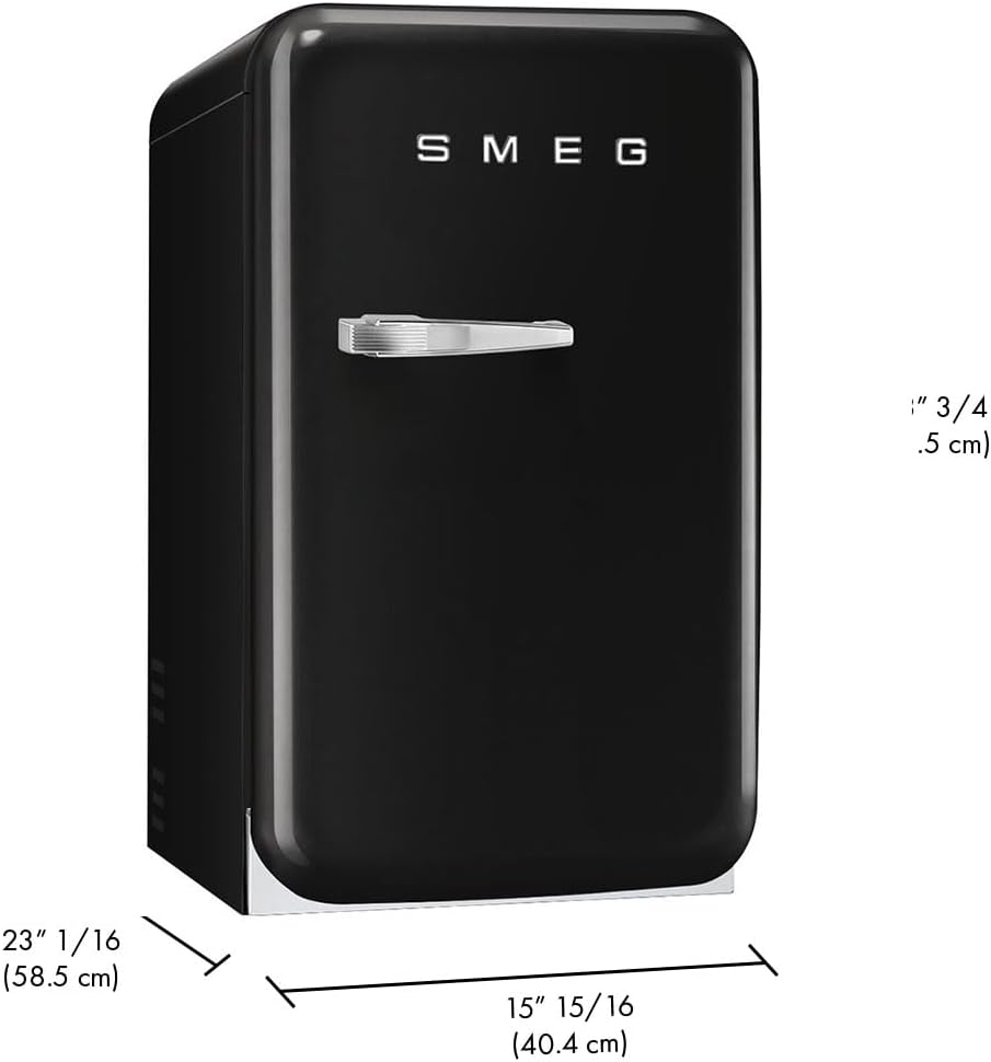 Smeg FAB5 16' 50's Retro Style Series Compact Cooler with 1.5 cu. ft. Capacity Automatic Defrost LED Interior Lighting and Adjustable Shelves Right Hand Hinge Made in Italy (Black)