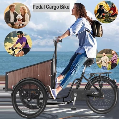 Inverted Pedal Tricycle for Adults & Seniors, 3-Wheel Bike with Adjustable Seat & Handlebar, Front Wooden Cargo Box for Child & Goods, Ideal for Cycling, Outings & Picnics
