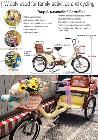 Folding 3-Wheel Trike for Adults - Low-Step Pedal Assist Cruiser Bike for Men & Women, Dual Brakes, Front Suspension, Rear Seat for Passengers & Cargo