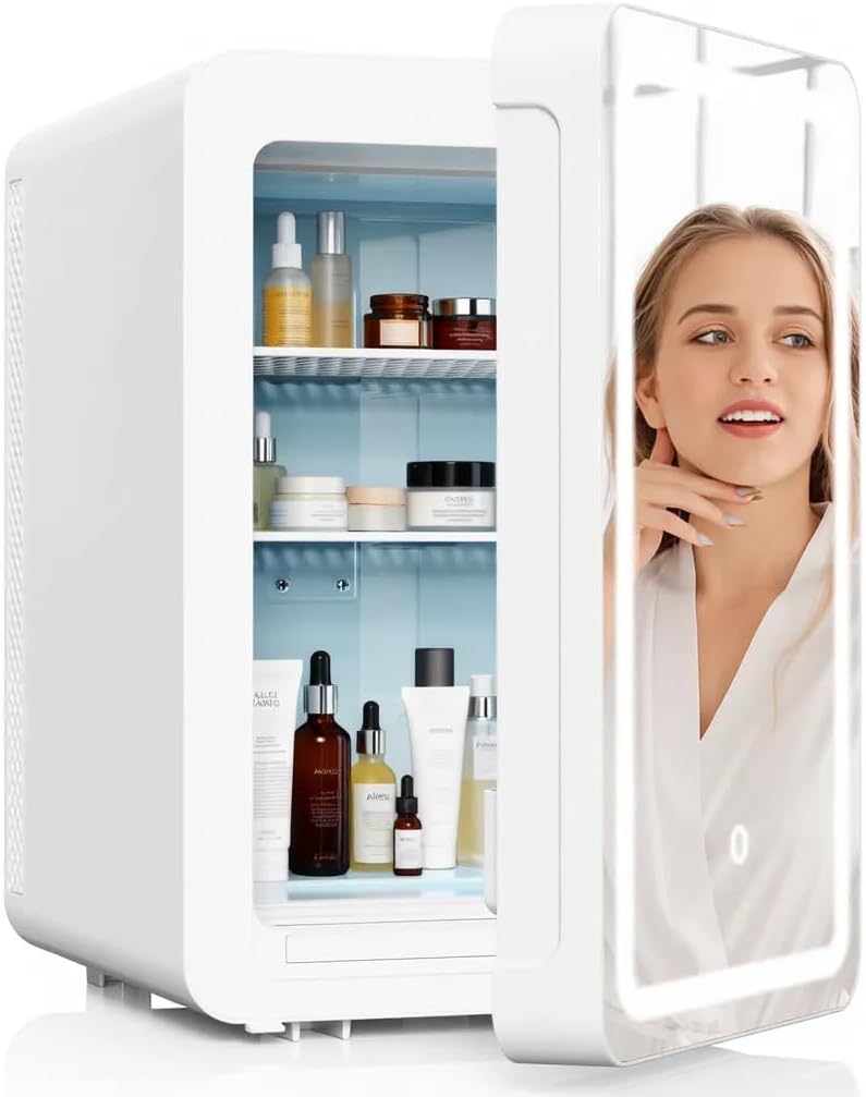 advwin 20L Mini Skincare Fridge with Dimmable LED Light Mirror, Makeup Fridge for Cooler & Warmer, Cosmetics, Beauty, Food & Drinks, Portable Small Refrigerator for Bedroom, Office, Dorm (20L white)