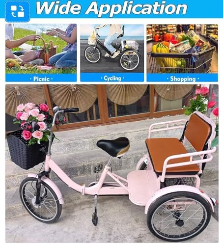 Folding Tricycle for Adults - Low-Step 3-Wheel Cruiser Bike with Rear Seat for Passengers & Cargo, Dual Brakes, Front Suspension, and Dual Chain Drive - Perfect for Men & Women