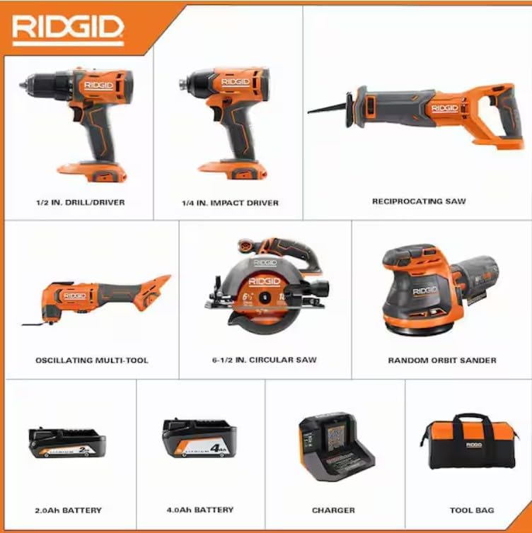 RIDGID 18V Cordless 6-Tool Combo Kit with 2.0 Ah Battery, 4.0 Ah Battery, Charger, and Bag