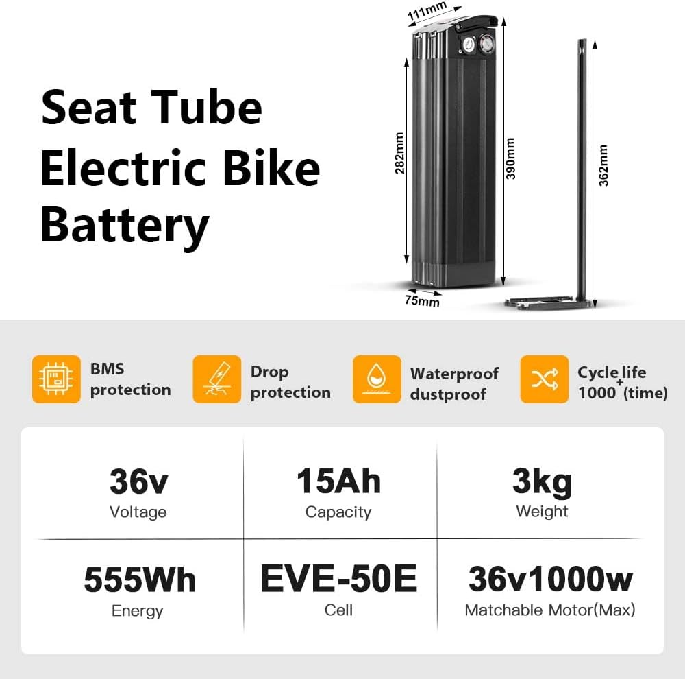 Yose Power 48V 36V 10.4Ah 13Ah 15Ah 17.4Ah Ebike Battery Sliver Fish Electric Bike Battery 250W 350W 500W 700W 900W 1000W Electric Bicycle Lithium Batteries (Black Color 36V15Ah for 0-1000W Motor)
