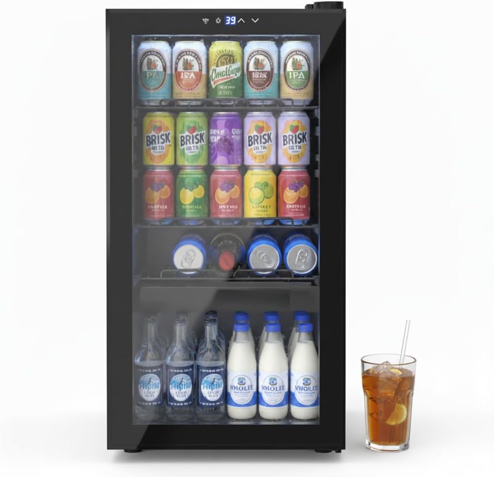 Dawmilon 3.2 Cu.Ft Mini Fridge, 120 Can Beverage Refrigerator with Glass Door, Adjustable Shelves & Temperature Control, Quiet Drink Cooler for Soda, Beer & Wine, Home Bar Office Bedroom