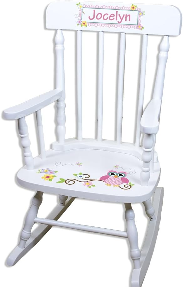 My Bambino Girl's Personalized White Wood Rocking Chair Toddler Baby Gift (Calico Owl)