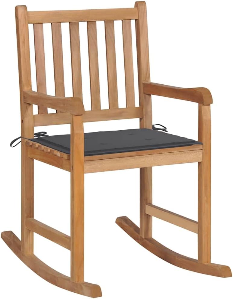 vidaXL Solid Teak Wood Rocking Chair with Anthracite Cushion, Finely Sanded and Treated for Premium Quality, Ideal for Indoor and Outdoor Relaxing, 22.8'x 36.4'x 41.7'
