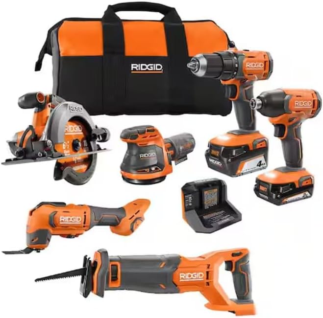 RIDGID 18V Cordless 6-Tool Combo Kit with 2.0 Ah Battery, 4.0 Ah Battery, Charger, and Bag