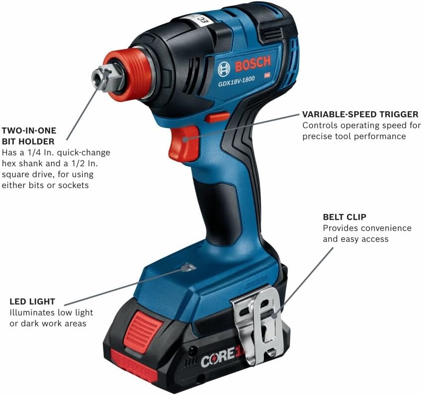 BOSCH GXL18V-501B25 18V 5-Tool Combo Kit with 2-In-1 Bit/Socket Impact Driver/Wrench, 1/2 In. Hammer Drill/Driver, Reciprocating Saw, Circular Saw, LED Worklight and (2) CORE18V 4 Ah Compact Batteries