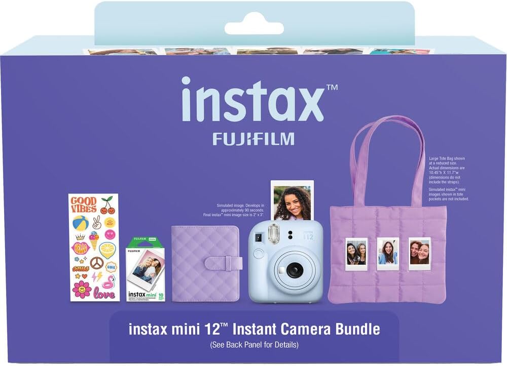 FUJIFILM instax mini 12 Instant Film Camera Holiday Bundle (Pastel Blue) with 4 x Instax Mini Instant Film - Foil Pack, Self Adhesive Cloth, and Ansmann X-Power AA 4-Pack Battery