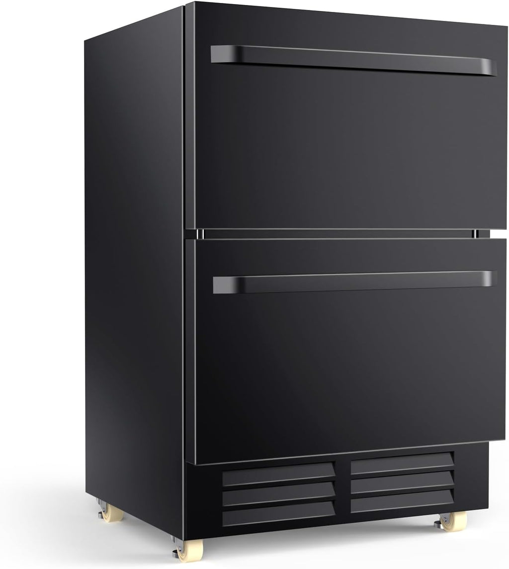 24 Inch Outdoor Refrigerator for Patio with Wheels-Under Counter Dual Drawer Beverage fridge with Stainless Steel Door, Built-In/Freestanding Drink Cooler for Outdoor/Indoor, Weatherproof, Black