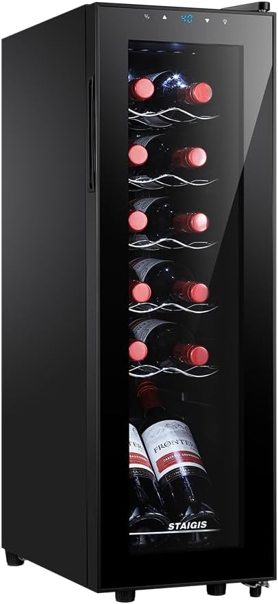 12 Bottle Wine Cooler, Mini Fridge for Red and White, Small Freestanding Refrigerator with 40-66F Digital Temperature Control Glass Door