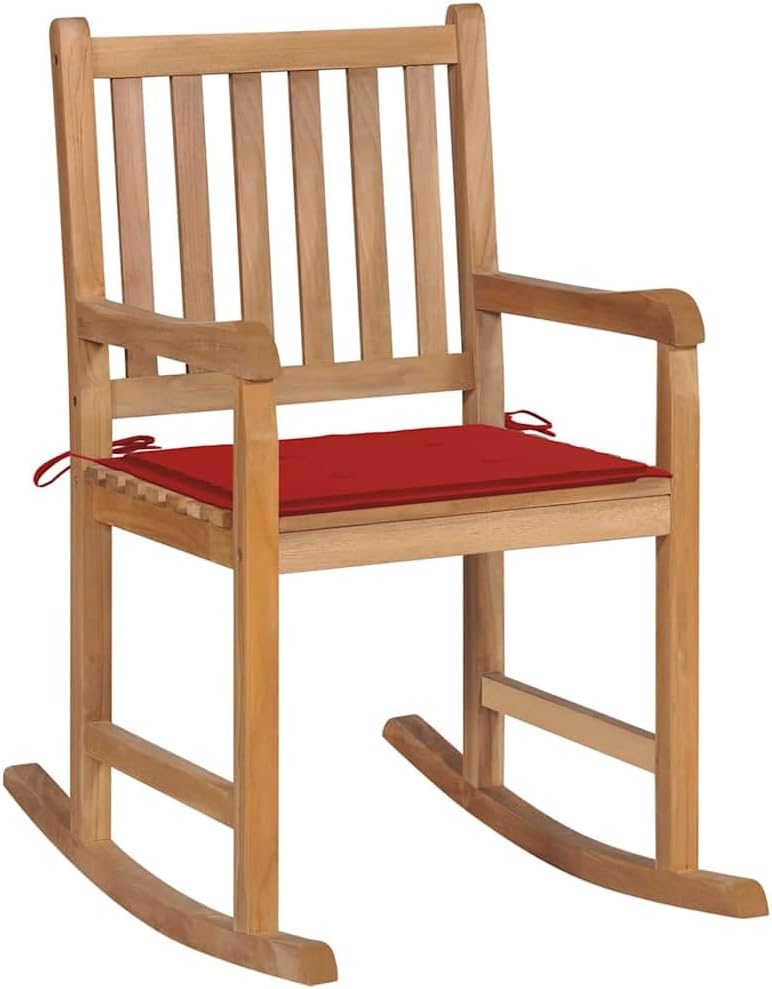 vidaXL Indoor/Outdoor Rocking Chair, Relaxation Chair with Red Cushion, Solid Teak Wood Construction, Slatted Back and Seat, Ideal for Garden, Patio and Living Room