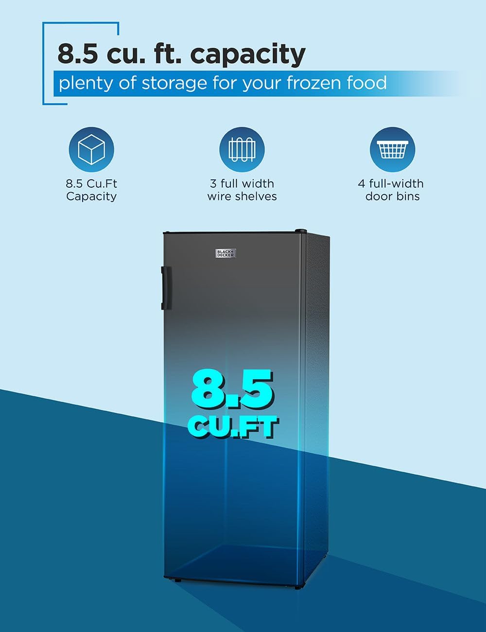 BLACK+DECKER 8.5 Cu. Ft. Upright Freezer, Stand Up Freezer with Mechanical Temperature Control, Freezer Upright with 3 Shelves and 4 Door Bins, Manual Defrost, R600a Refrigerant, BUF850LB, Black