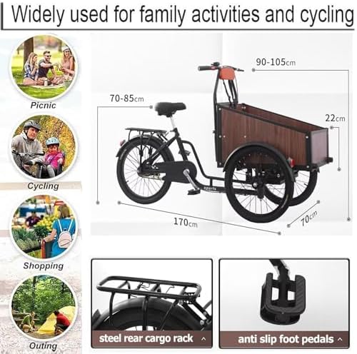 Inverted Pedal Tricycle for Adults & Seniors, 3-Wheel Bike with Adjustable Seat & Handlebar, Front Wooden Cargo Box for Child & Goods, Ideal for Cycling, Outings & Picnics