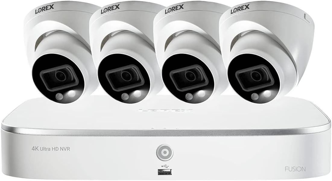 Lorex 4K Security Camera System, Ultra HD IP Indoor/Outdoor Wired POE Metal Dome Cameras and Smart Motion Detection, Active Deterrence Video Surveillance, 2TB 8 Channel NVR, 4 Cameras