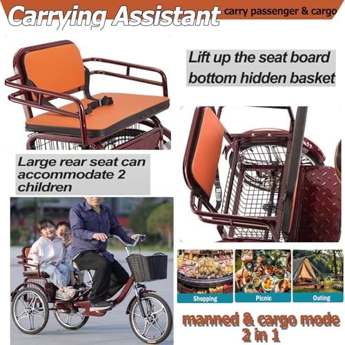Folding Tricycle for Adults - Low-Step 3-Wheel Cruiser Bike with Rear Seat for Passengers & Cargo, Dual Brakes, Front Suspension, and Dual Chain Drive - Perfect for Men & Women