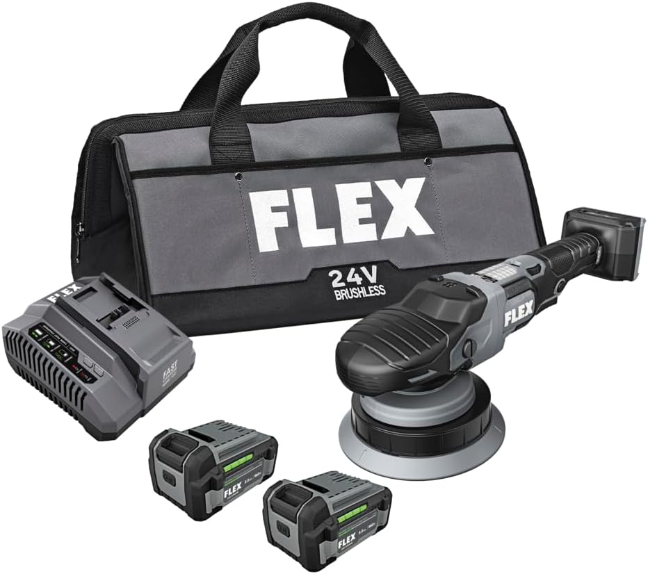 FLEX 24V Brushless Cordless Forced Random Orbital Polisher Kit, Variable Speed, 6-Inch, Ideal for Detailing, Body Shop & Repair, w/ (2) 5.0Ah Lithium Batteries & 160W Fast Charger - FX3331-2C