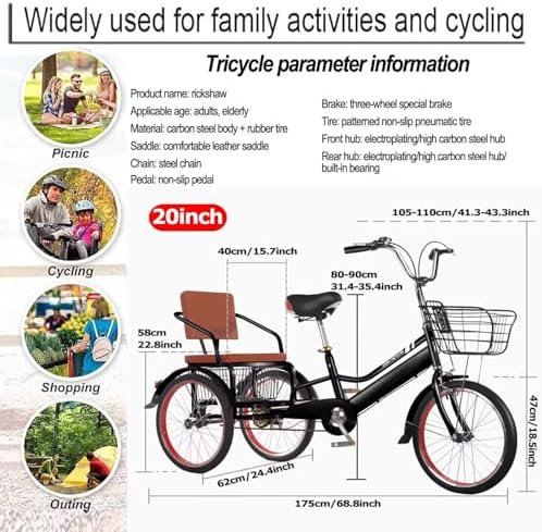 Adult Tricycle with Dual Brakes – 3-Wheel Cruiser Bike for Seniors, Women & Men – Low Step-Through Design for Comfortable Cycling, Cargo & Passenger Transport, Adjustable Seat & Handlebar