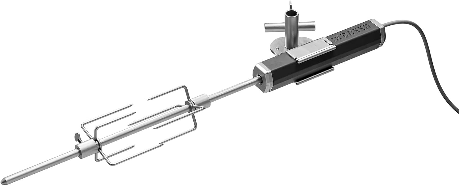Breeo Rotisserie System - Rotisserie Grill Kit for Chicken, Turkey, BBQ, Kabobs - Live Fire Cooking Accessories - Includes Prongs, Battery Pack, Motor, AC Adapter, & Cable (Without Outpost Rod)