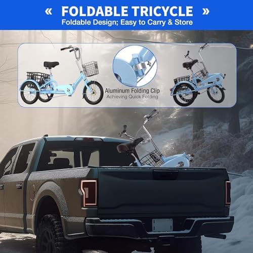 Folding Tricycle for Men & Women | 3-Wheel Pedal Assist Cargo Bike with Rear Basket | Adjustable Seat & Handlebar | Dual Brakes for Safety | Perfect for Shopping & Leisure