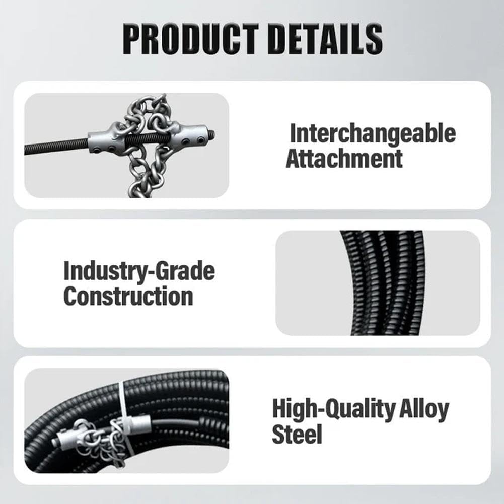 Flex-Shaft Sewer Descaling Chain, Multi-Purpose PVC Pipe Maintenance Tool, Push-Type Rotary Cable Sewer Dredge, Oil in Pipeline Blocks Drilling Tools, Suitable for 16mm Spring
