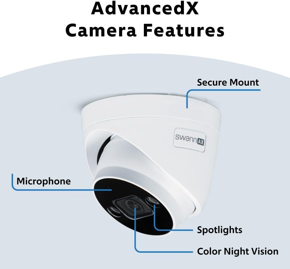 Swann AdvancedX™ Wired NVR 4K Security Camera System, 8 Channels, 8 PoE Dome Cameras Outdoor, 1TB HDD Storage, Color Night Vision, Smart AI Video Analytics/Alerts, Advanced Motion Detect
