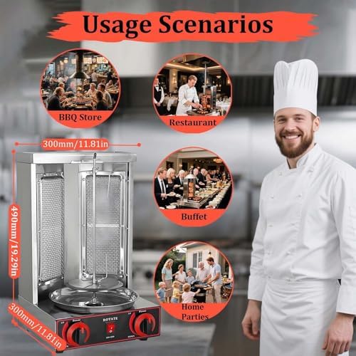Commercial Shawarma Rotisserie Machine - 2-Burner Doner Kebab Grill with 360° Rotating Broiler, Adjustable Temp, Ideal for BBQ Parties, Home & Restaurant Use (Gas 2800P)