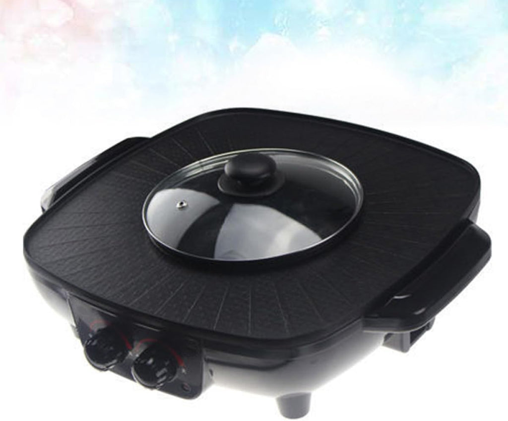 COLLBATH Electric Hot Pot Grill Multi-function Cooker with Smokeless Non-stick Coating Temperature Control for Home and Restaurant Use Black Color with Triangle Plug