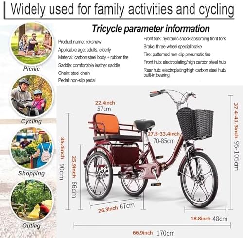 Folding Tricycle for Adults - Low-Step 3-Wheel Cruiser Bike with Rear Seat for Passengers & Cargo, Dual Brakes, Front Suspension, and Dual Chain Drive - Perfect for Men & Women