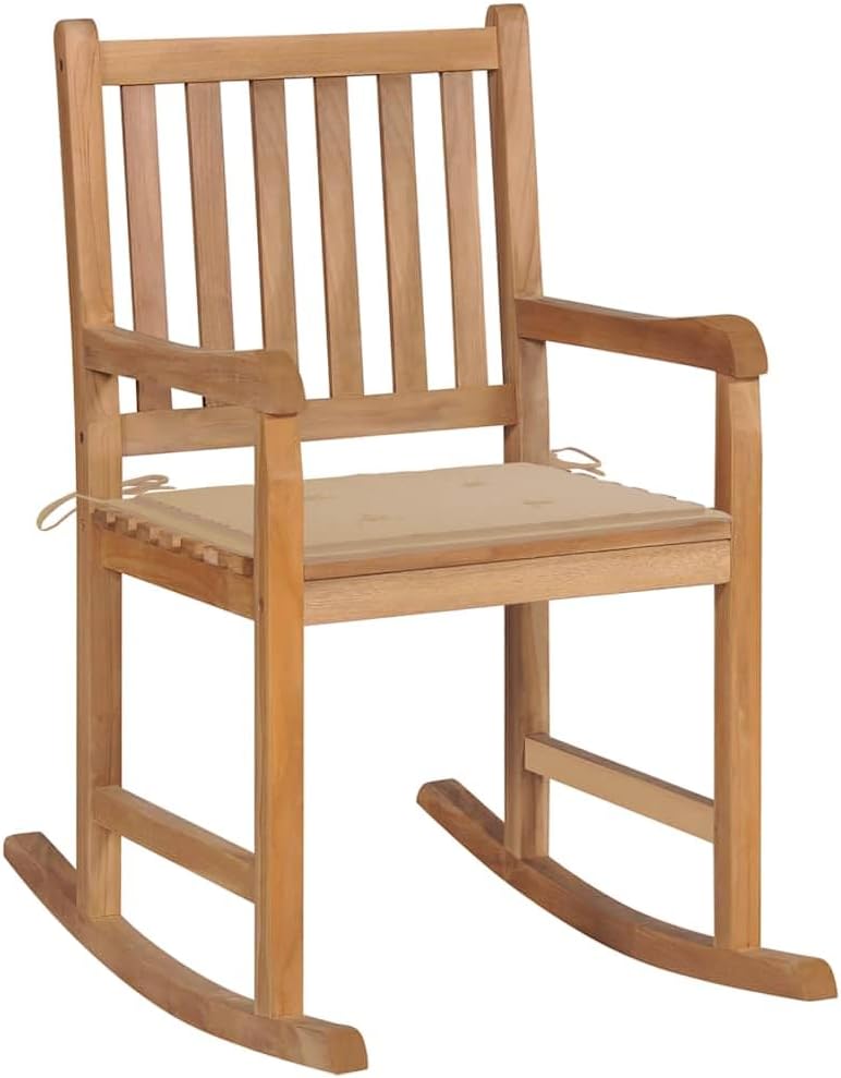 vidaXL Rocking Chair with Cushion - Indoor and Outdoor Chair - Durable and Weather Resistant - Solid Teak Wood - Fine Sanded - Comfortable - Perfect for Gardens - Beige Cushion Included