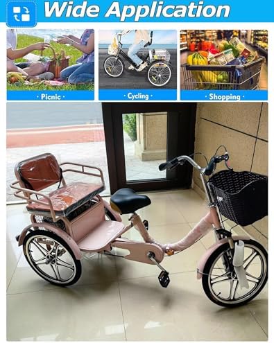 Folding Tricycle for Adults - Low-Step 3-Wheel Cruiser Bike with Rear Seat for Passengers & Cargo, Dual Brakes, Front Suspension, and Dual Chain Drive - Perfect for Men & Women