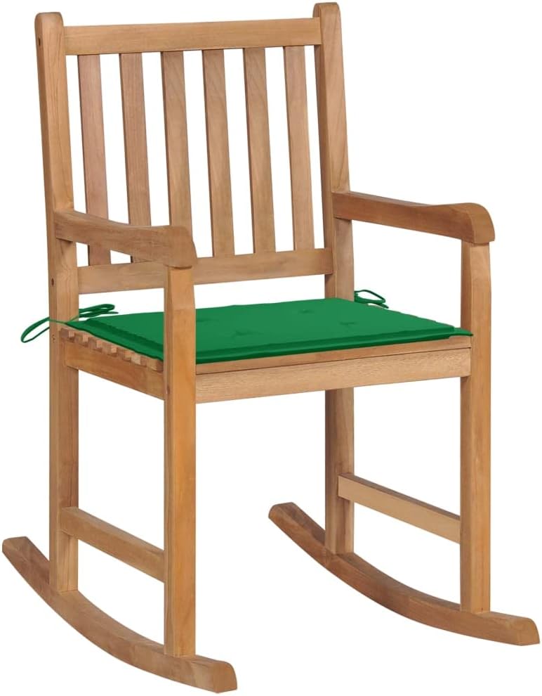 vidaXL Indoor/Outdoor Solid Teak Wood Rocking Chair with Soft Green Cushion - Versatile, Comfortable, Durable & Easy to Assemble.