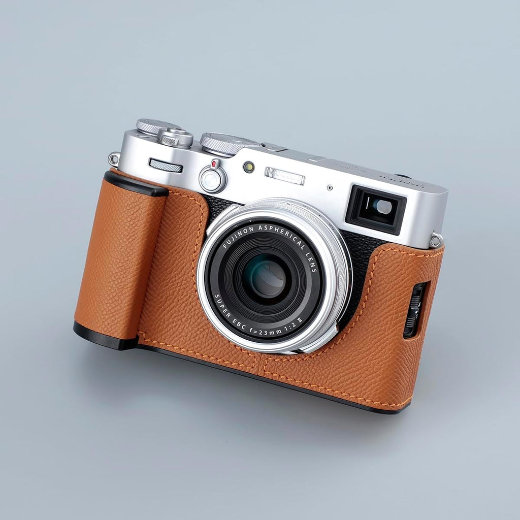 Camera Half Case for Fujifilm Fuji X100VI,Vintage Metal Genuine Leather Instant Camera Protective Cases Stylish Portable Shockproof (Brown)