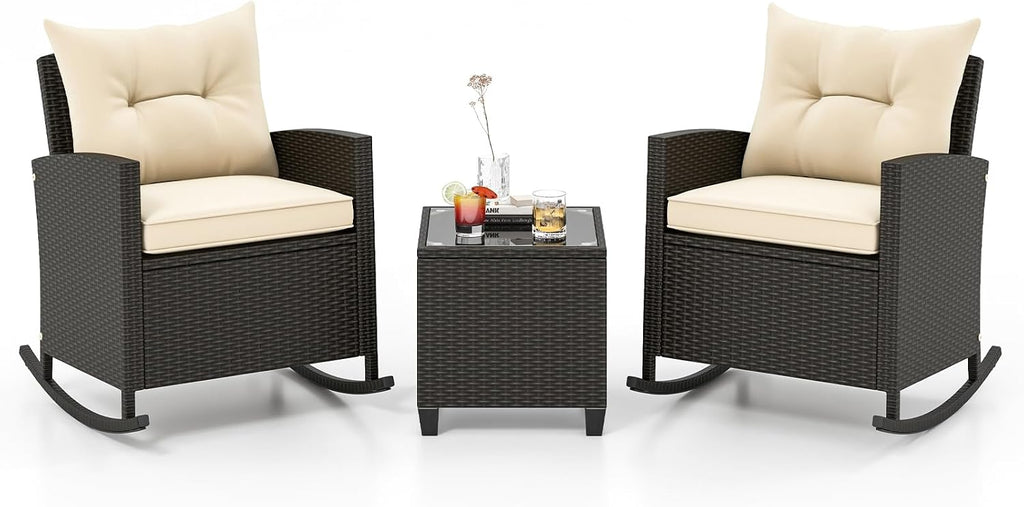 ORALNER 3 Pieces Patio Furniture Set, Outdoor Wicker Rocking Chairs with Soft Cushions, Glass Coffee Table, Rattan Conversation Bistro Set for Front Porch Balcony Garden Deck Poolside (Beige)