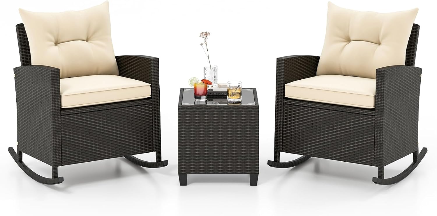 ORALNER 3 Pieces Patio Furniture Set, Outdoor Wicker Rocking Chairs with Soft Cushions, Glass Coffee Table, Rattan Conversation Bistro Set for Front Porch Balcony Garden Deck Poolside (Beige)
