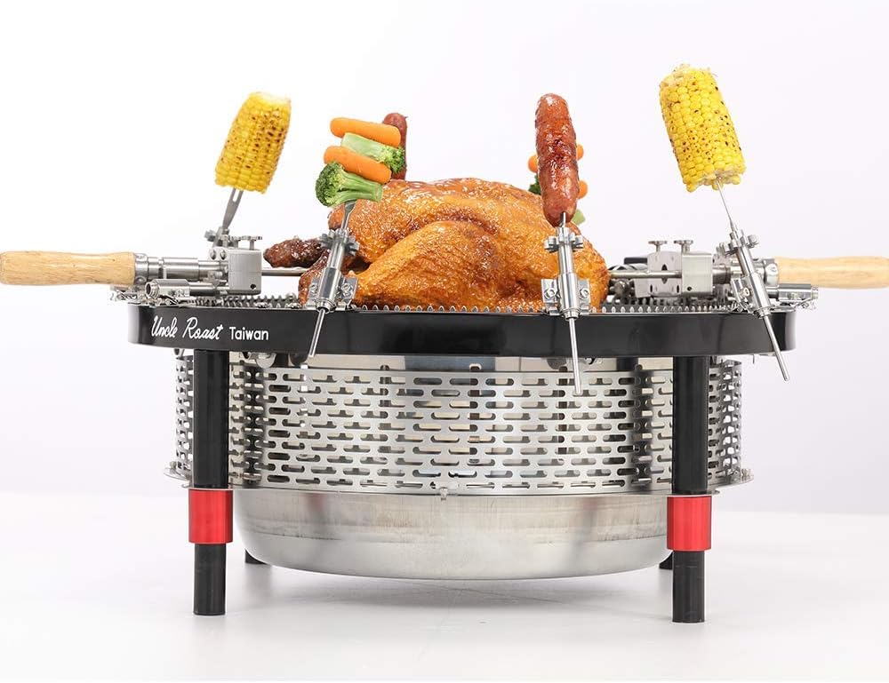 Portable Charcoal BBQ Grill &Tool Kits, Stainless Steel, 360-Degree Automatic Rotating for Outdoor Cooking, Camping, Picnic, Patio, Backyard, with Roaster Drum, Grill Net, Forks included