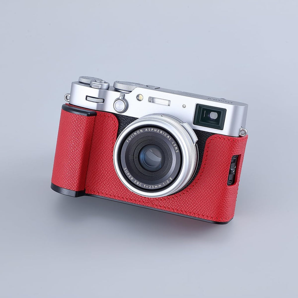 Camera Half Case for Fujifilm Fuji X100VI,Vintage Metal Genuine Leather Instant Camera Protective Cases Stylish Portable Shockproof (Red)