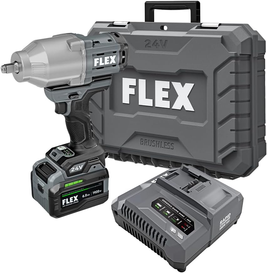 FLEX 24V Brushless Cordless 1/2-Inch 1,150 Ft-Lbs High Torque Impact Wrench Kit with 6.0Ah Stacked Lithium Battery and 280W Rapid Charger - FX1471-1H