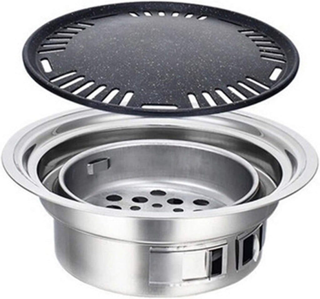 Grill for Outdoor Round Stainless Steel Korean Charcoal Barbecue Grill Non-Stick Barbecue Grills Portable Charcoal Grill for Outdoor Camping BBQ Barbecue Grill (Color : with Tray Furnace)