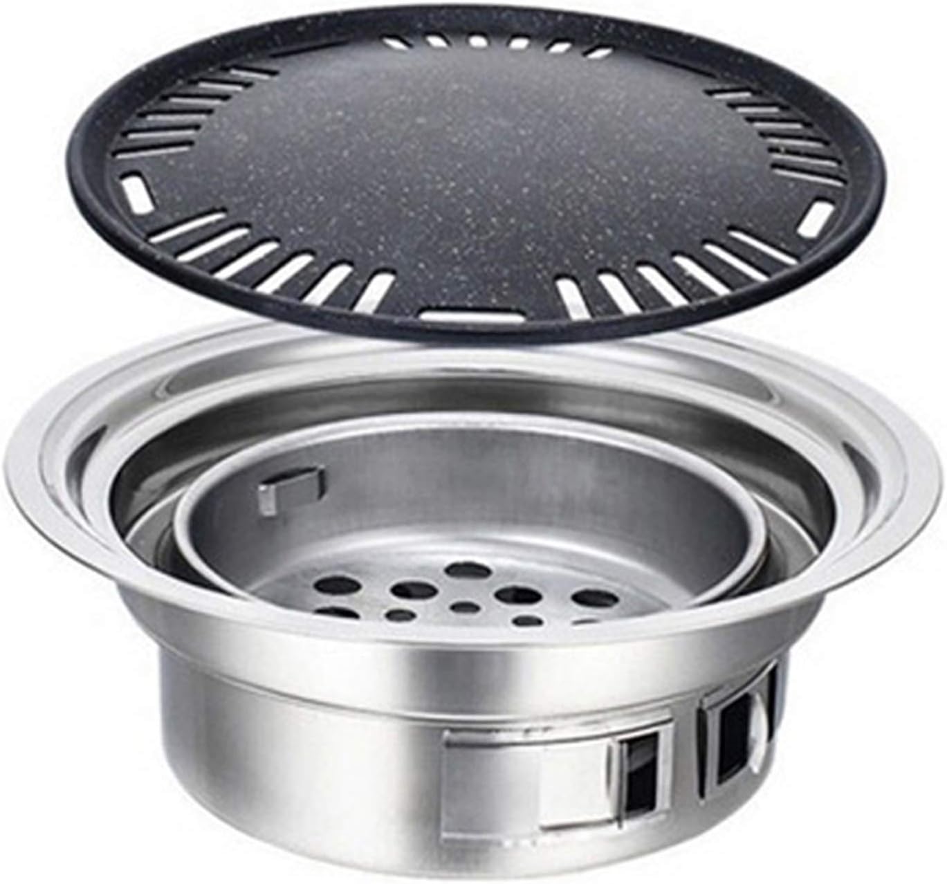 Grill for Outdoor Round Stainless Steel Korean Charcoal Barbecue Grill Non-Stick Barbecue Grills Portable Charcoal Grill for Outdoor Camping BBQ Barbecue Grill (Color : with Tray Furnace)