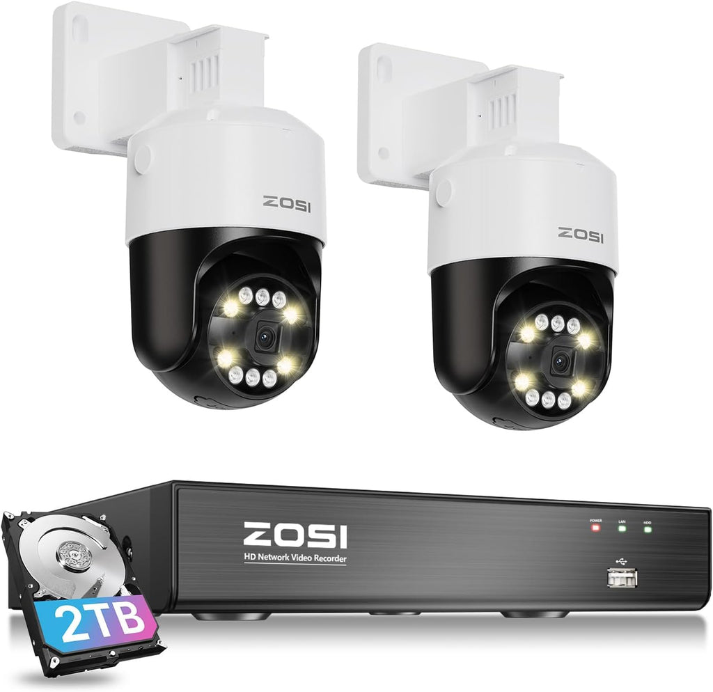 ZOSI 8CH (16CH Expandable) 4K PoE Security Camera System with AI Face Person Vehicle Detection, 2 x 5MP 3K Outdoor Auto Tracking PT PoE IP Camera with 5X Digital Zoom, 2-Way Audio, 2TB Hard Drive