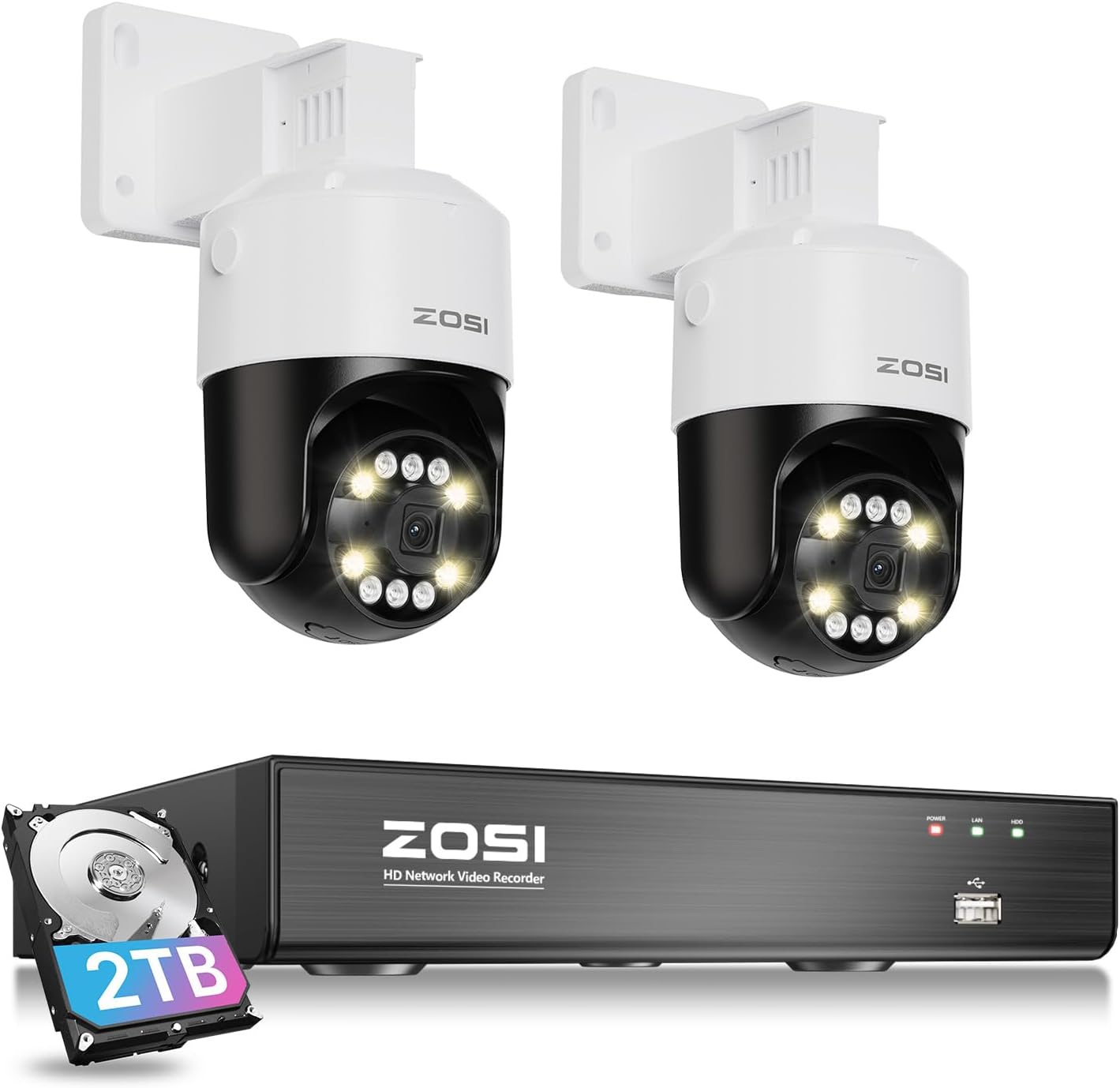 ZOSI 8CH (16CH Expandable) 4K PoE Security Camera System with AI Face Person Vehicle Detection, 2 x 5MP 3K Outdoor Auto Tracking PT PoE IP Camera with 5X Digital Zoom, 2-Way Audio, 2TB Hard Drive