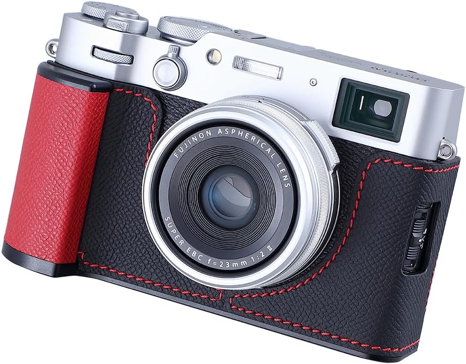 Camera Half Case for Fujifilm Fuji X100VI,Vintage Metal Genuine Leather Instant Camera Protective Cases Stylish Portable Shockproof (BlackC)