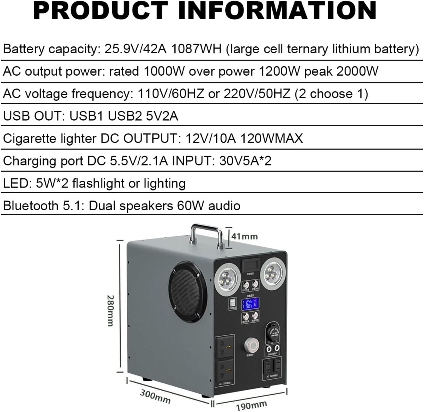 1000 W Portable Power Station, Solar Generator Backup Power Supply, with LED Light and Bluetooth Speaker, for Home Backup, Emergency, Outdoor Camping Or RV Travel(220V/1000w~1087wh)