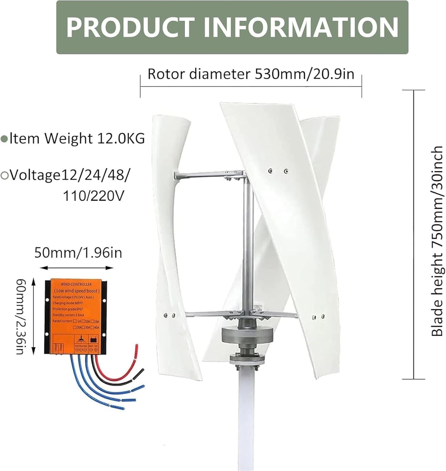 Upgraded 12000W Wind Turbine Generator Kit - 12V-220V Vertical Helix Blades with Charge Controller, Ideal for Marine, RV, Home, and Industrial Energy Solutions