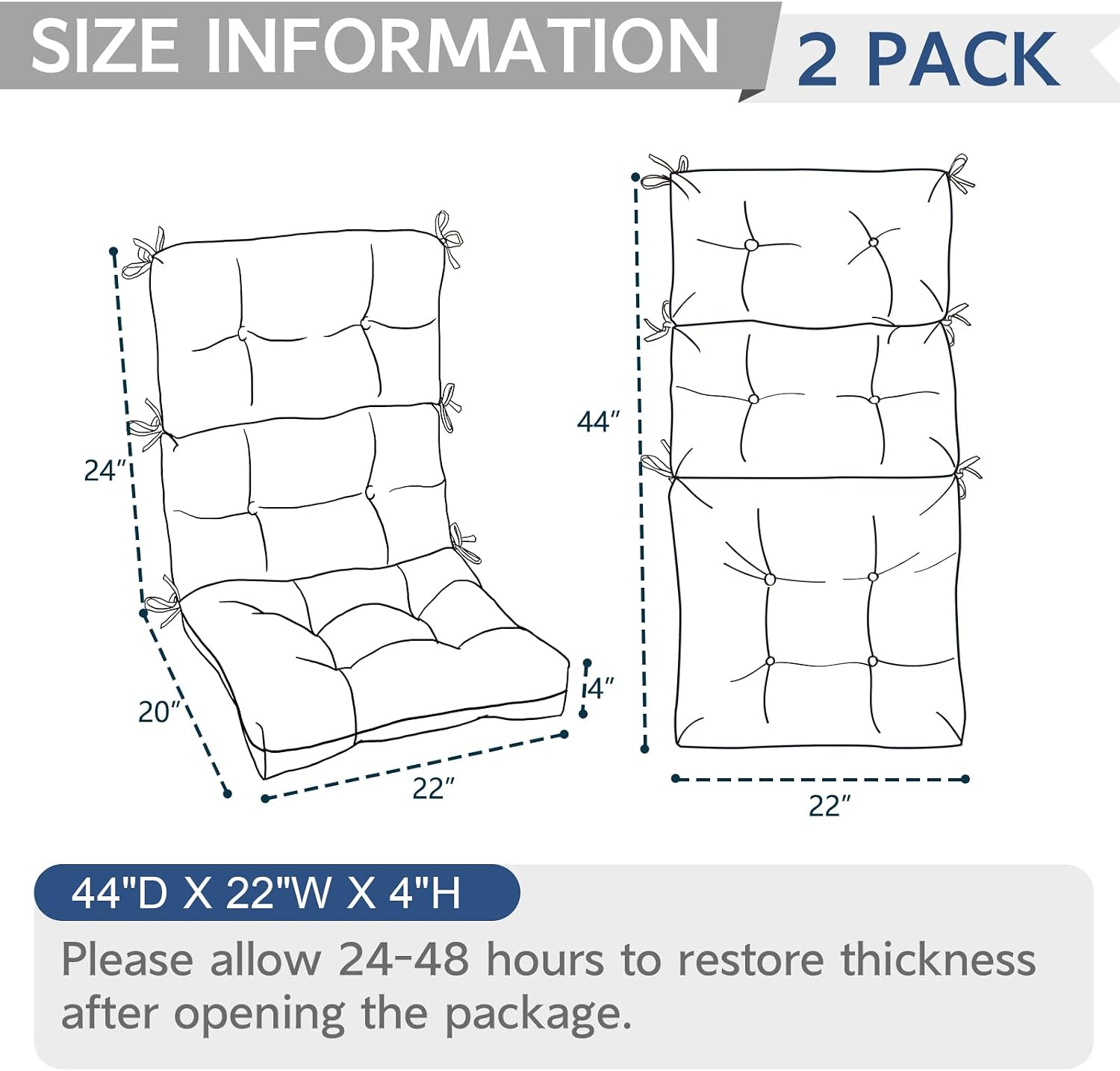 Outdoor High Back Patio Chair Cushions, Fade Resistant & Waterproof Tufted Seat and Back Cushions for Patio Furniture, Patio Chair Cushions 44x22 Inch, Set of 2, Tropical Leaf Oat