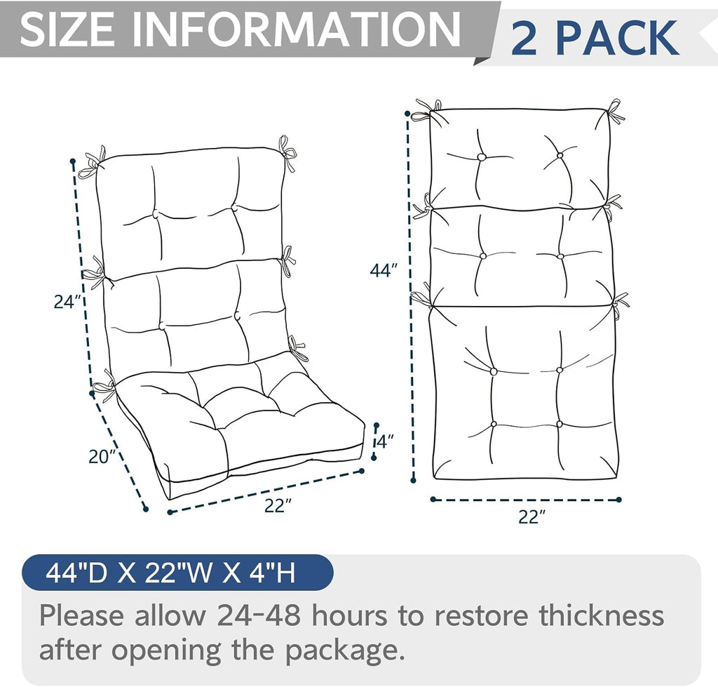 Outdoor High Back Patio Chair Cushions, Fade Resistant & Waterproof Tufted Seat and Back Cushions for Patio Furniture, Patio Chair Cushions 44x22 Inch, Set of 2, Lush Leaf Jungle